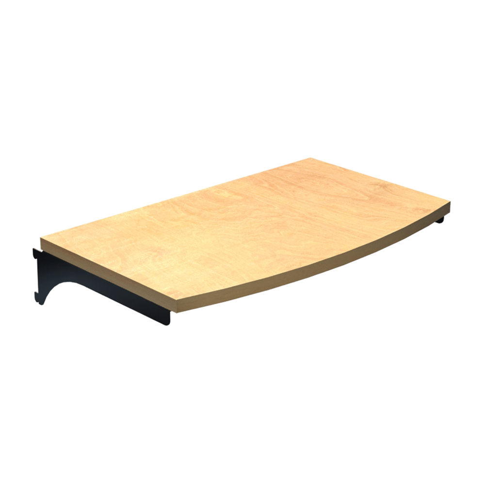 Curved wood retail display shelf with black metal brackets – 24-inch wide by 16-inch deep Rackform shelving for gondola systems