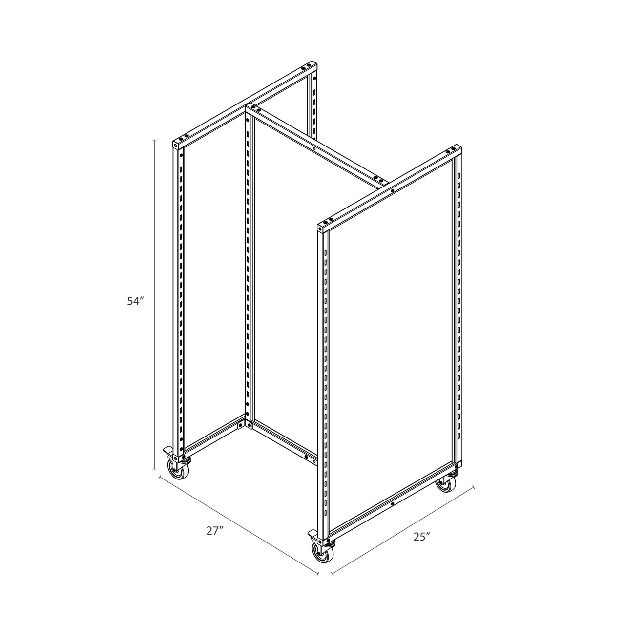 Black Rackform Apparel Display Frame – 27" Wide x 25" Deep x 54" High. Steel garment rack outline with vertical slotted uprights, crossbars for structural support, and four caster wheels for mobility. Ideal for retail clothing displays, this freestanding frame accommodates multiple shelving and hanger configurations for flexibility in merchandising.