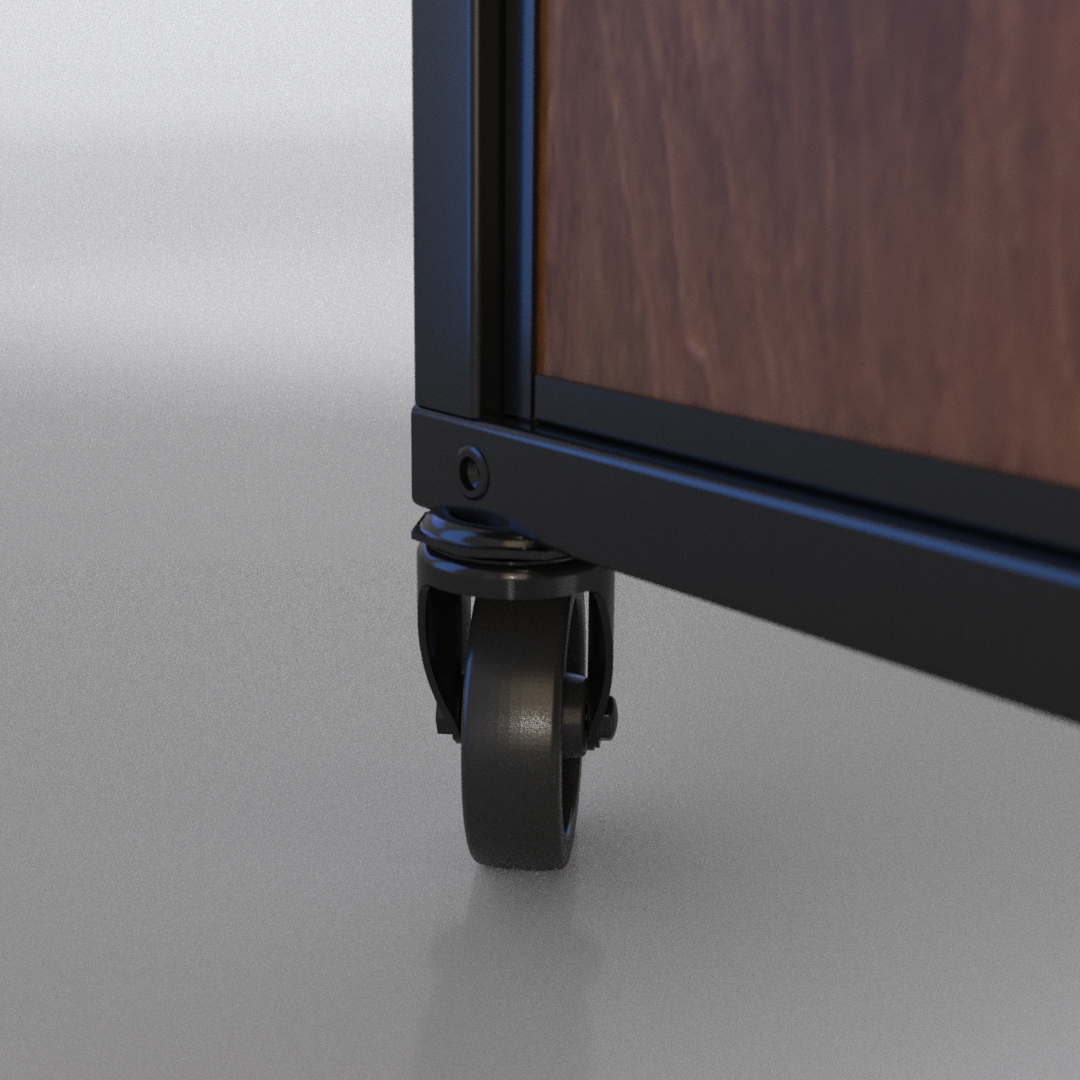 Close-up of caster at the bottom of a metal and wood retail fixture.