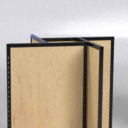 Top view close-up of retail display fixture with intersecting black metal frames and light wood panels.