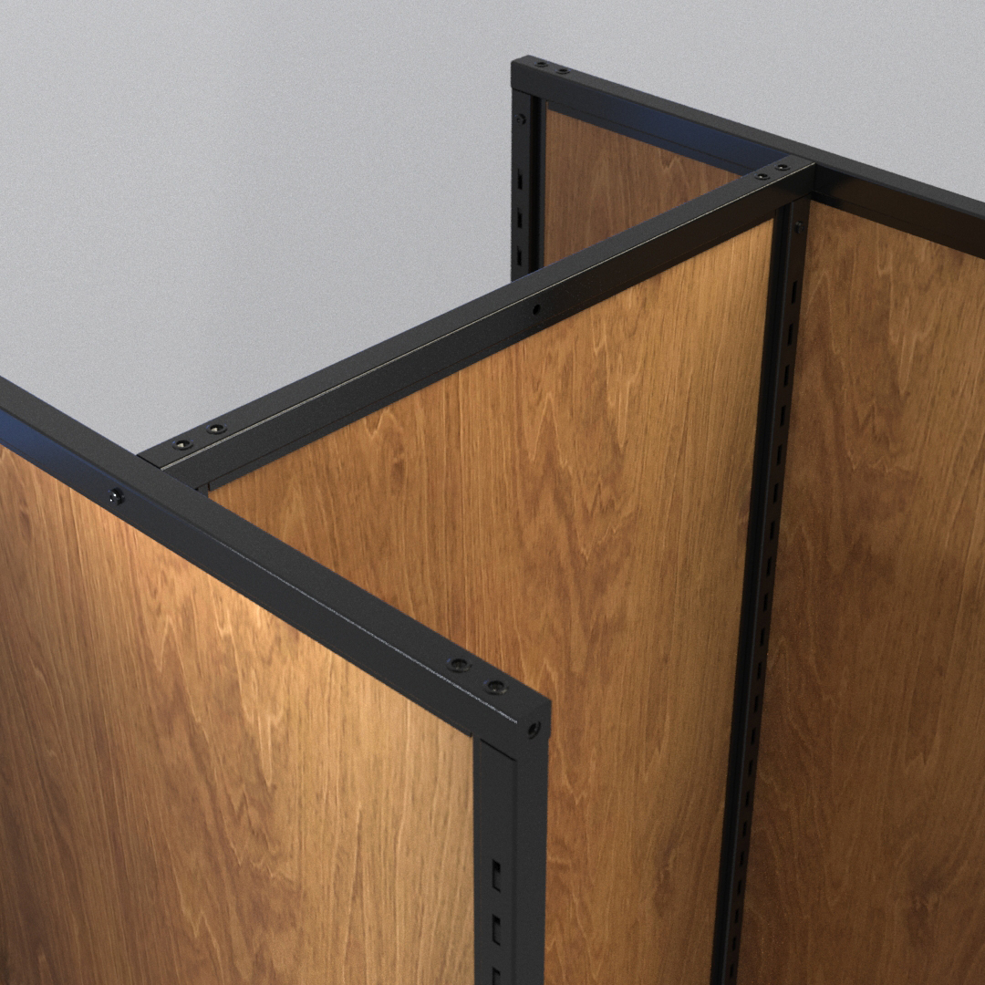 Close-up of metal frame and birch paneling