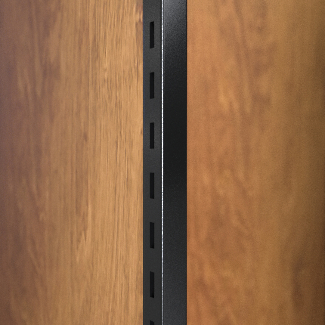 Detail of slotted metal upright on wood panel backing.