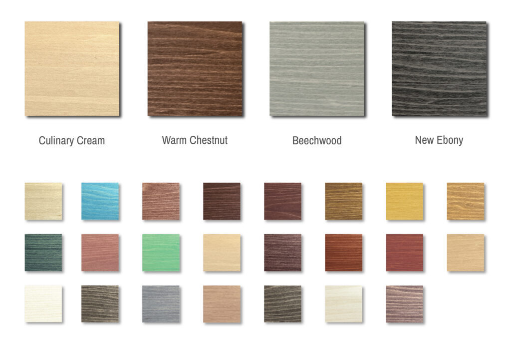 Grid of wood stain finish options for retail fixtures