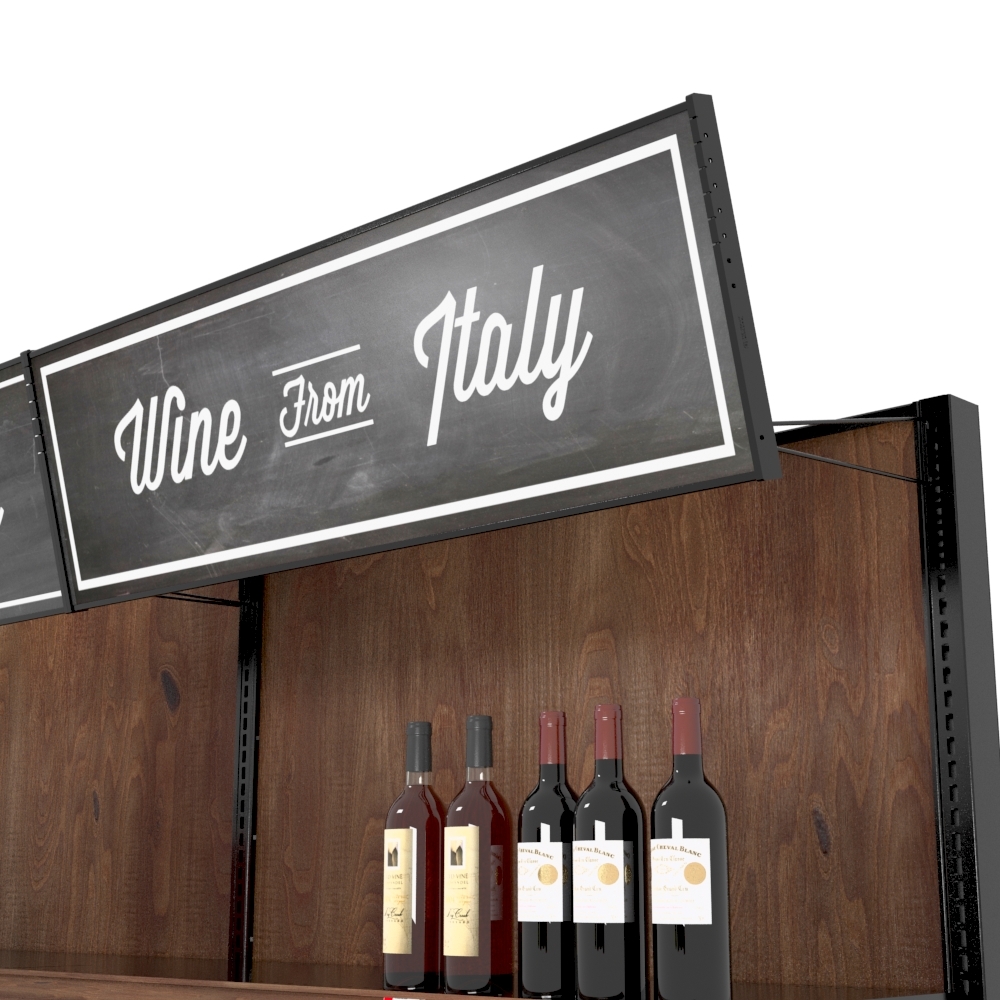 Detailed view of a gondola shelving display header used for branding and clear category signage at the top of the unit.