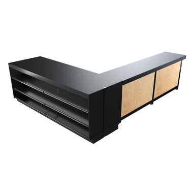 Wood Lozier L-Shaped Checkout Counter with 18 Shelves 8FT x 8FT