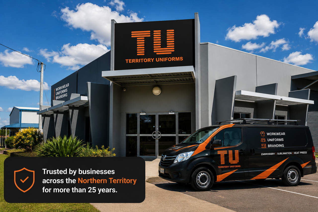 The Territory Uniforms premises in Darwin with a branded van parked outside. Trusted by businesses across the Northern Territory for more than 25 years.