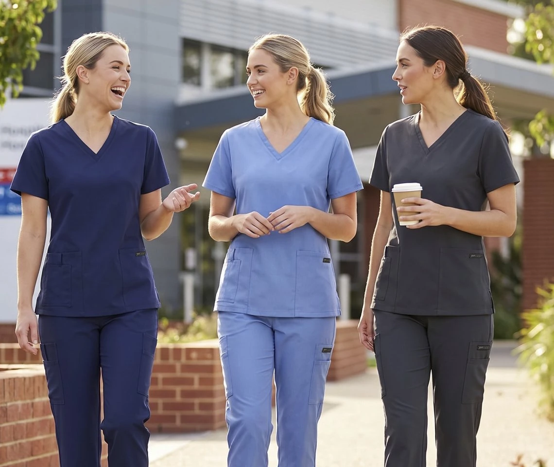Three nurses in scrubs