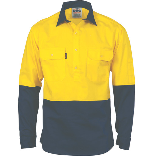 HiVis Two Tone Close Front Cotton Drill Shirt with Gusset Sleeve - Long Sleeve