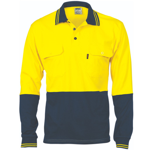 HiVis Cool-Breeze Two Tone Cotton Jersey Polo Shirt with Twin Chest Pocket - L/S