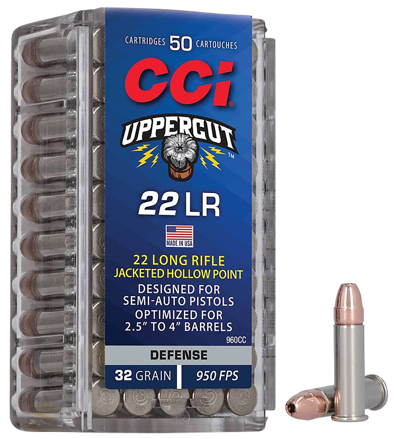 CCI 960CC Uppercut Defense 22LR 32gr Jacketed Hollow Point 50 Per Box/100 Case, Rimfire Ammuinition