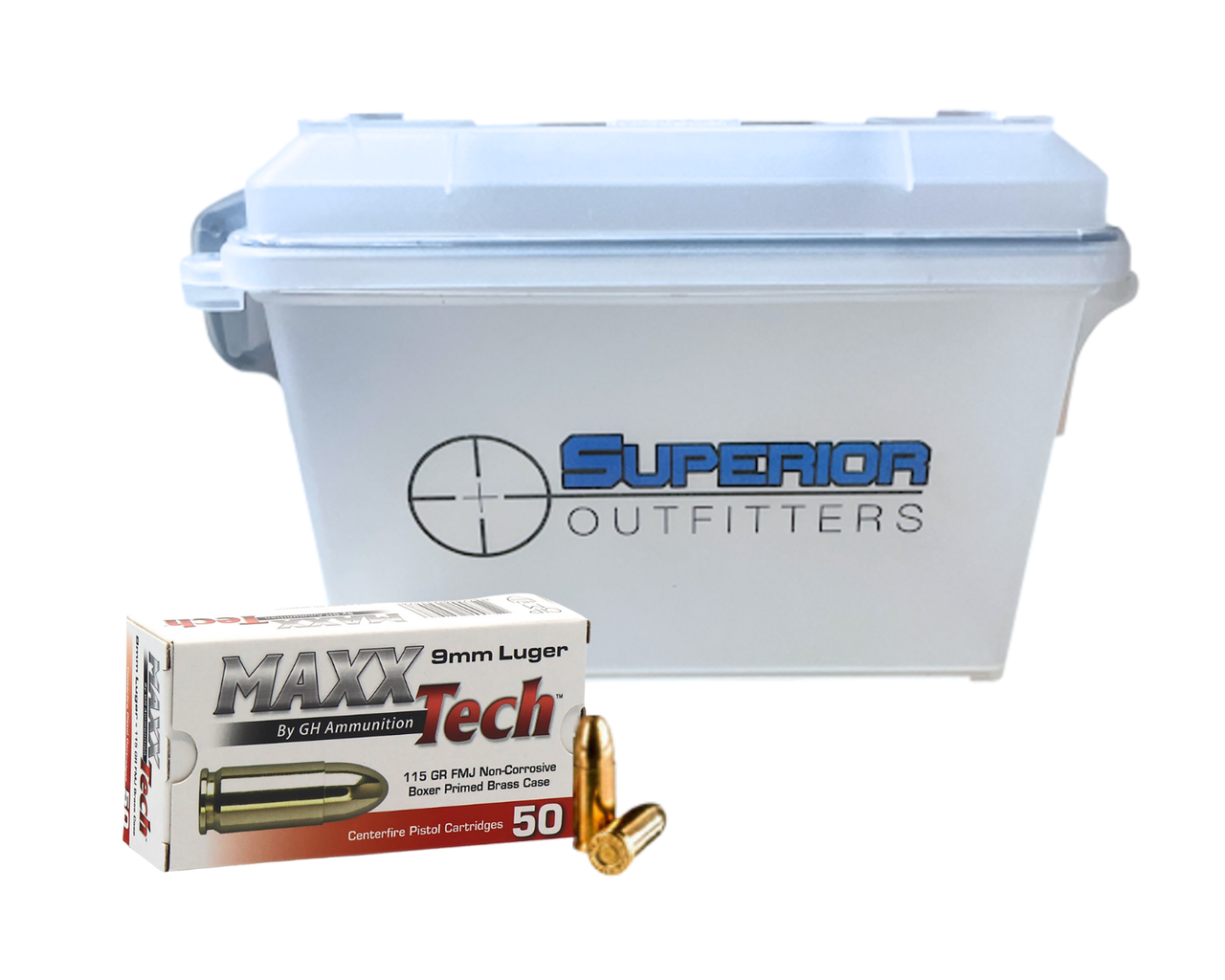 MaxxTech 9mm 115 Grain FMJ Brass with Superior Outfitters Ammo Can PTGB9MMB