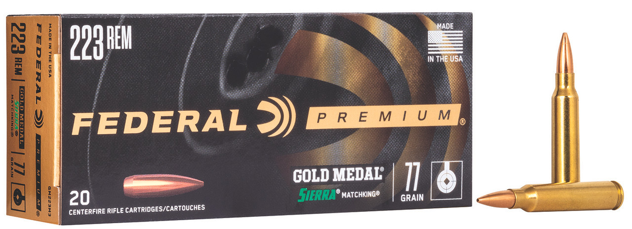Federal GM223M3 Premium Gold Medal 223Rem 77gr Sierra MatchKing BTHP 20 Per Box/10 Case Centerfire, Rifle Ammunition