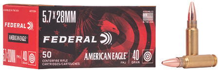 Federal AE5728A American Eagle 5.7x28mm 40gr Full Metal Jacket 50 Per Box/10 Case Centerfire, Handgun Ammunition