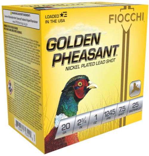 Fiocchi Golden Pheasant Extreme 20 Gauge 2.75" 7.5 Shot Nickle Plated Lead Shot 20GP75 Fiocchi Golden Pheasant Extreme 20 Gauge 2.75" 7.5 Shot Nickle Plated Lead Shot 20GP75