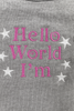 Personalised Hello World Grey Baby Bib Pink Threading