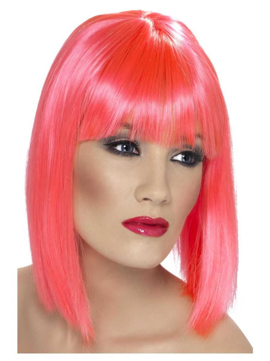 Glam Neon Pink Wig Short Blunt Cut with Fringe