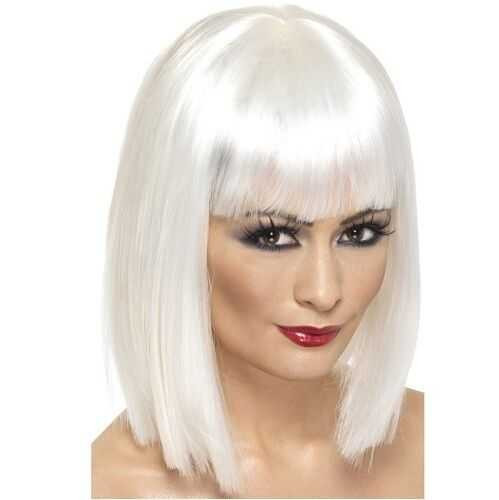 White Glam Wig - Short Blunt Cut with Fringe | Ladies Fancy Dress Wig | Ladies Halloween Wig