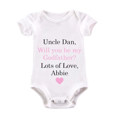 Personalised Pink Text Will You Be My Godfather Baby Vest
