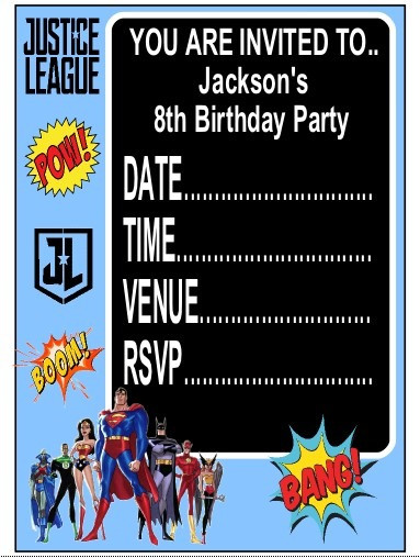 Personalised Justice League Invitations | Justice League Party Supplies
