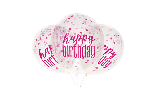 Pink Glitz Happy Birthday Latex Balloons with Pink & Silver Confetti