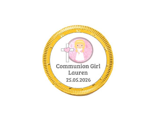 Personalised Blonde Communion Girl Chocolate Coins (15 Pack)