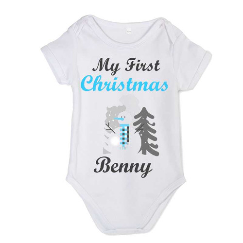 Personalised My First Christmas Blue Snowman Baby Vest