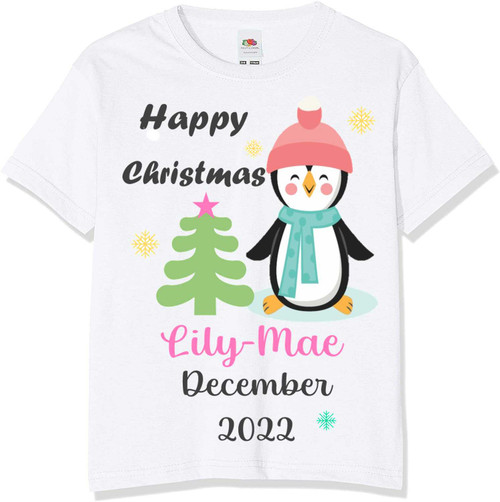 Personalised Pink Penguin Christmas T-Shirt
