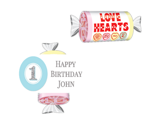 Personalised Blue Striped 1st Birthday Loveheart Sweets (9 Pack)