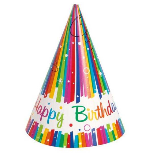 Rainbow Ribbons Happy Birthday Party Hats (8 Pack)