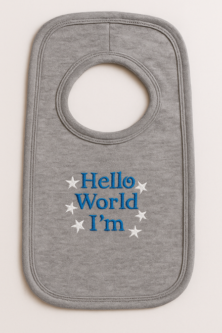 Personalised Embroidery Hello World Grey Baby Bib
