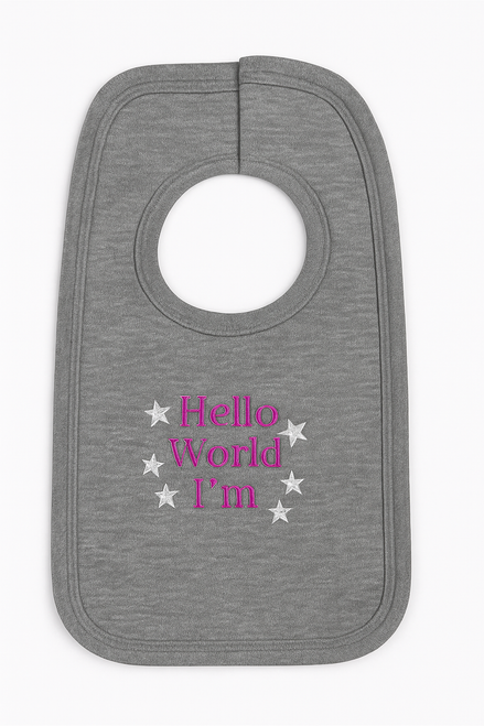 Personalised Embroidery Hello World Grey Baby Bib Pink Threading