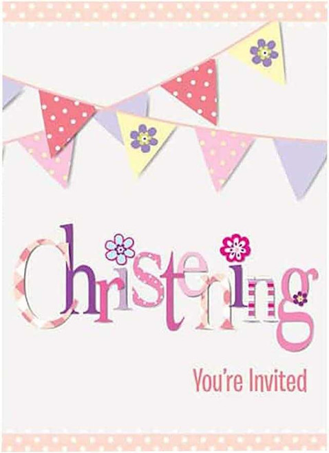 Pink Christening Bunting Invitations (8 Pack)