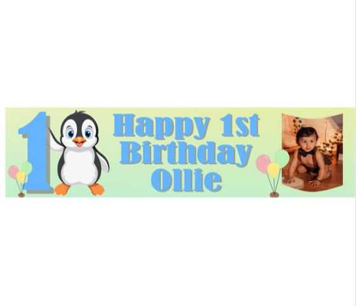Personalised Blue Penguin 1st Birthday Banner with Photo