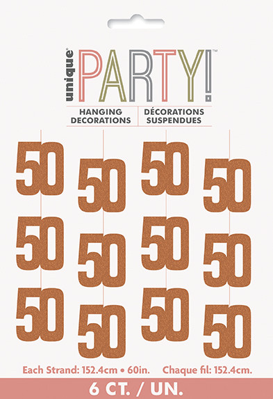 Rose Gold 50th Hanging String Decorations 6Pk | Rose Gold 50th Party String Decorations