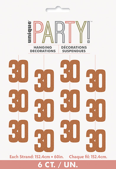 Rose Gold 30th Hanging String Decorations 6Pk | 30th Birthday Rose Gold Hanging Decor