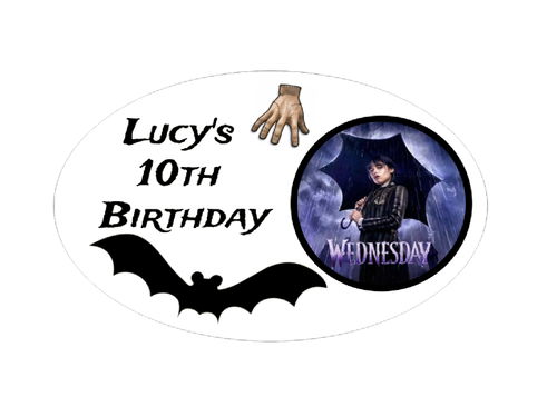 Personalised Dark Girl Oval Labels (8Pk) | Addams Family Party Supplies
