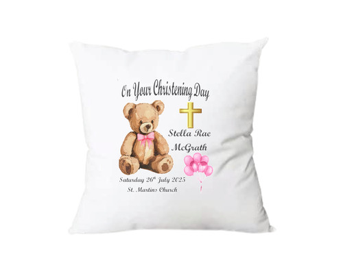 Personalised Pink Teddy Christening Cushion