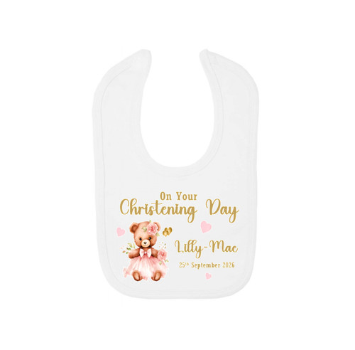 Personalised Pink Teddy Bear Christening Bib