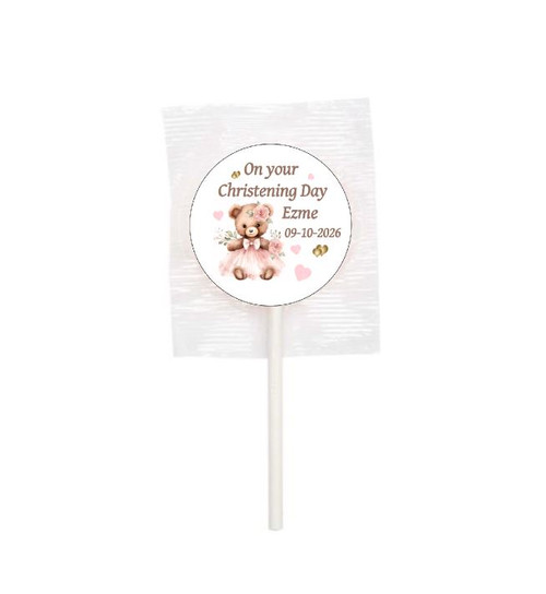 Personalised Pink Teddy Bear Christening Lollipops