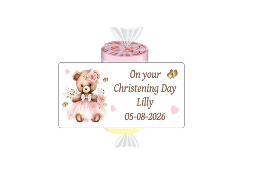 Personalised Pink Teddy Bear Christening Loveheart Sweets