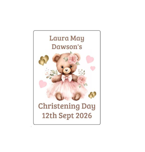 Personalised Pink Teddy Christening Wine Labels