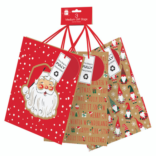 Christmas Kraft Medium Gift Bags 3Pk
