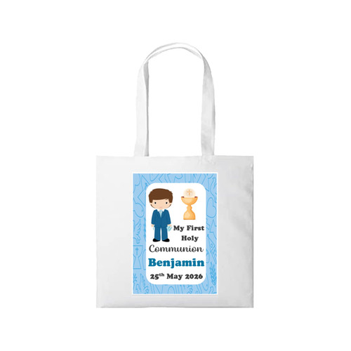Personalised Brown Hair Communion Boy Tote Bag