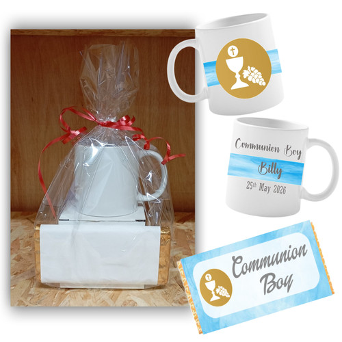 Personalised Blue Communion Boy Mug Gift Set