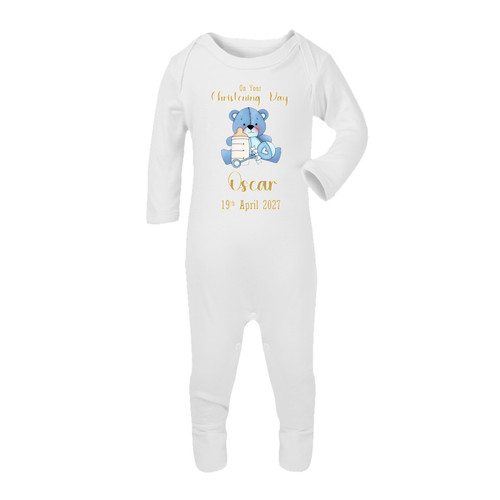 Personalised Blue Bear Christening Baby Romper