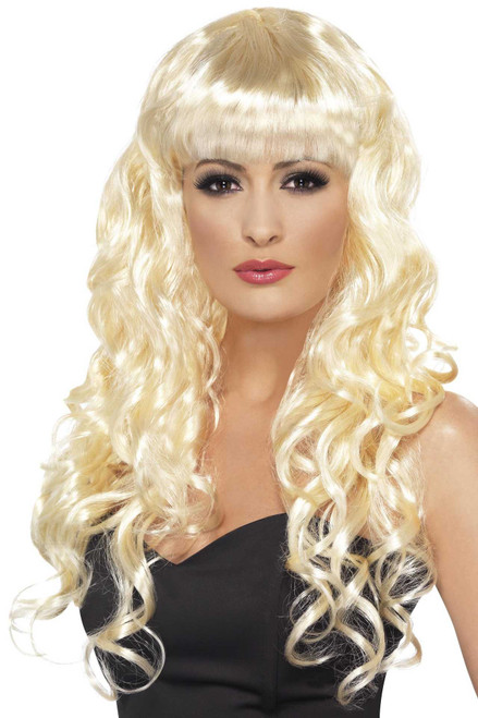 Blonde Siren Long Curly Wig with Fringe | Ladies Fancy Dress Wigs | Ladies Halloween Wigs