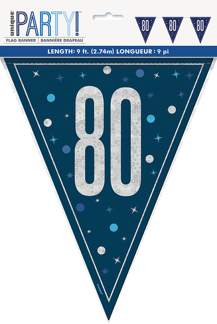 Blue Glitz 80th Bunting - 9 Foot Long