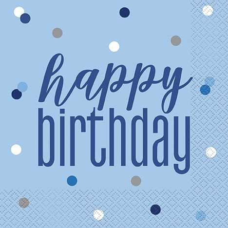Blue Glitz Birthday Napkins - 16 Pack | Dazzling Glitz Blue & Silver Happy Birthday Luncheon Napkins (16cm) - Perfect for Stylish Celebrations - 16ct