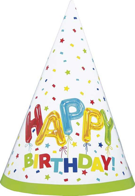 Happy Balloon Birthday Hats | Happy Balloon Birthday Party Hats (20cm x 21cm) - Colourful, Fun & Unique Design - Perfect Celebration Accessory for Kids & Adults - 8ct