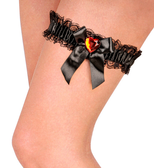 BLACK GARTER WITH BOW & RED GEM HEART